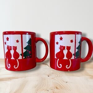 Vintage Waechtersbach Germany Christmas Mugs Red Cats & Tree Coffee Cup Pair 2